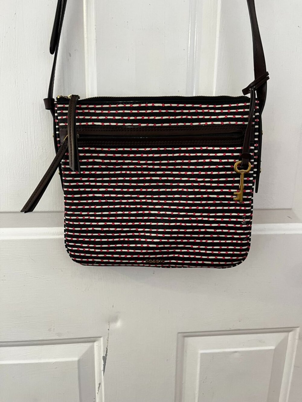 Fossil Coated Canvas/Leather Striped Bohemian Festival Large Crossbody Bag